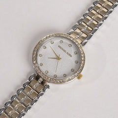 Two Tone Women Stylish Chain Wrist Watch White Dial MK