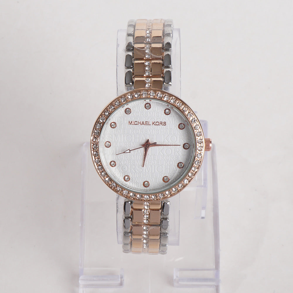 Two Tone Women Stylish Chain Wrist Watch White Dial MK