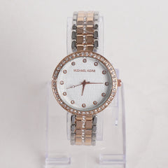 Two Tone Women Stylish Chain Wrist Watch White Dial MK