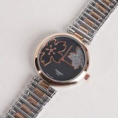 Two Tone Women Stylish Chain Wrist Watch Silver&Rosegold With Black Dial