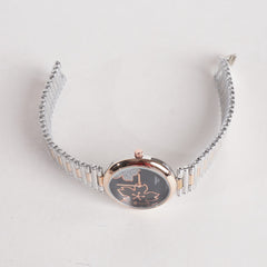 Two Tone Women Stylish Chain Wrist Watch Silver&Rosegold With Black Dial