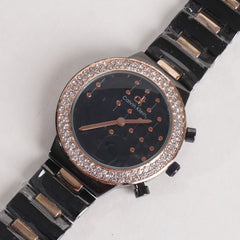 Two Tone Women Stylish Chain Wrist Watch Black&Rosegold With Black Dial