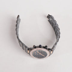 Two Tone Women Stylish Chain Wrist Watch Black&Rosegold With Black Dial