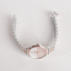 Two Tone Women Stylish Chain Wrist Watch Silver&Rosegold With White Dial
