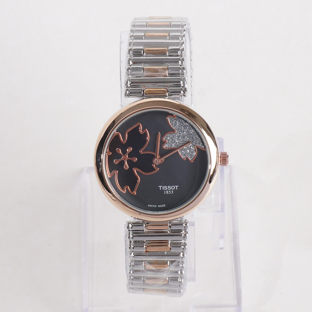 Two Tone Women Stylish Chain Wrist Watch Silver&Rosegold With Black Dial