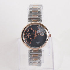 Two Tone Women Stylish Chain Wrist Watch Silver&Rosegold With Black Dial