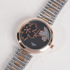 Two Tone Women Stylish Chain Wrist Watch Silver&Rosegold With Black Dial