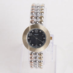 Two Tone Women Stylish Chain Wrist Watch Silver&Golden With Black Dial