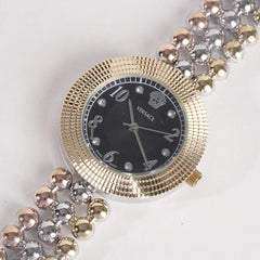 Two Tone Women Stylish Chain Wrist Watch Silver&Golden With Black Dial