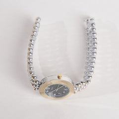 Two Tone Women Stylish Chain Wrist Watch Silver&Golden With Black Dial