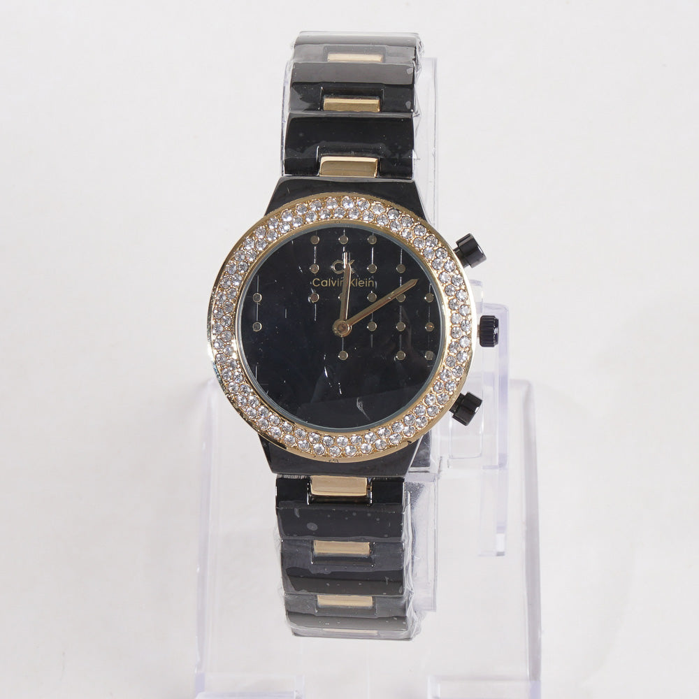 Two Tone Women Stylish Chain Wrist Watch Black&Golden With Black Dial