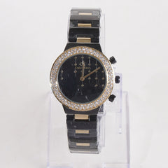 Two Tone Women Stylish Chain Wrist Watch Black&Golden With Black Dial