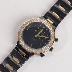 Two Tone Women Stylish Chain Wrist Watch Black&Golden With Black Dial