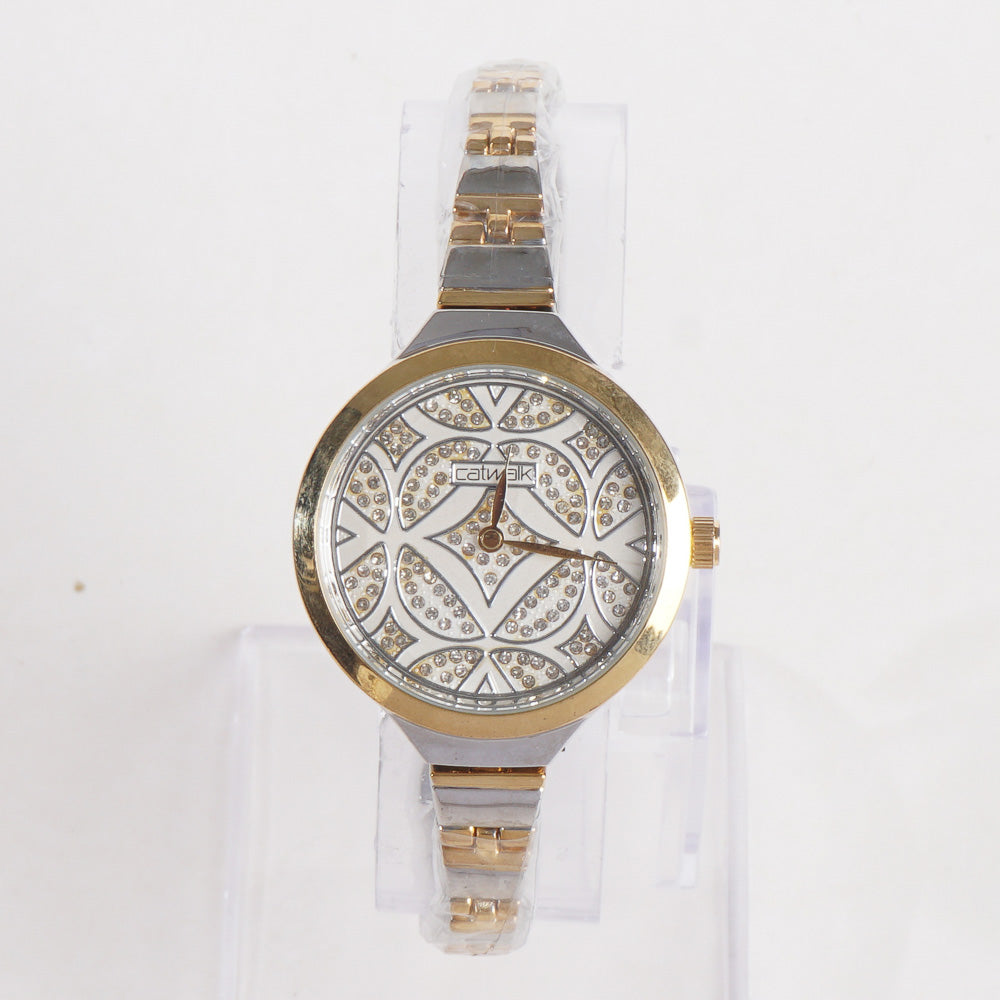 Two Tone Women Stylish Chain Wrist Watch Silver&Golden With White Dial