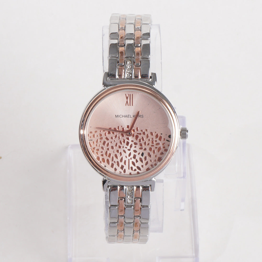 Two Tone Women Stylish Chain Wrist Watch Silver&Rosegold With Pink Dial