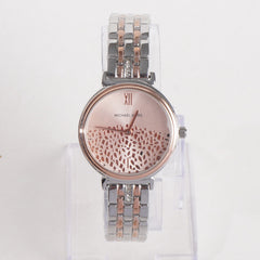 Two Tone Women Stylish Chain Wrist Watch Silver&Rosegold With Pink Dial