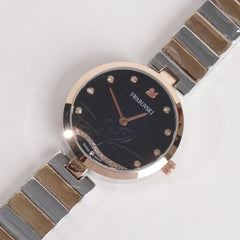 Two Tone Women Stylish Chain Wrist Watch Silver&Rosegold With Black Dial