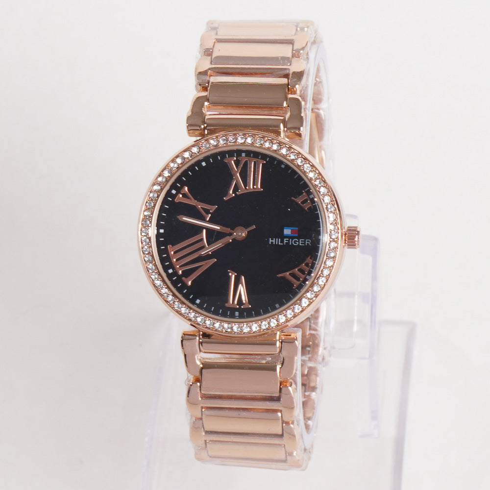 Women Stylish Chain Wrist Watch Rosegold With Black Dial