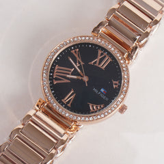 Women Stylish Chain Wrist Watch Rosegold With Black Dial