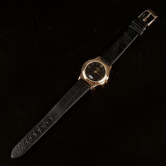 Black Leather Strap Golden Dial Women Wrist Watch