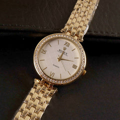 Women Chain Wrist Watch Golden R White
