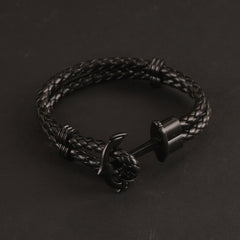 Black Leather Rope Bracelet Anchor Design