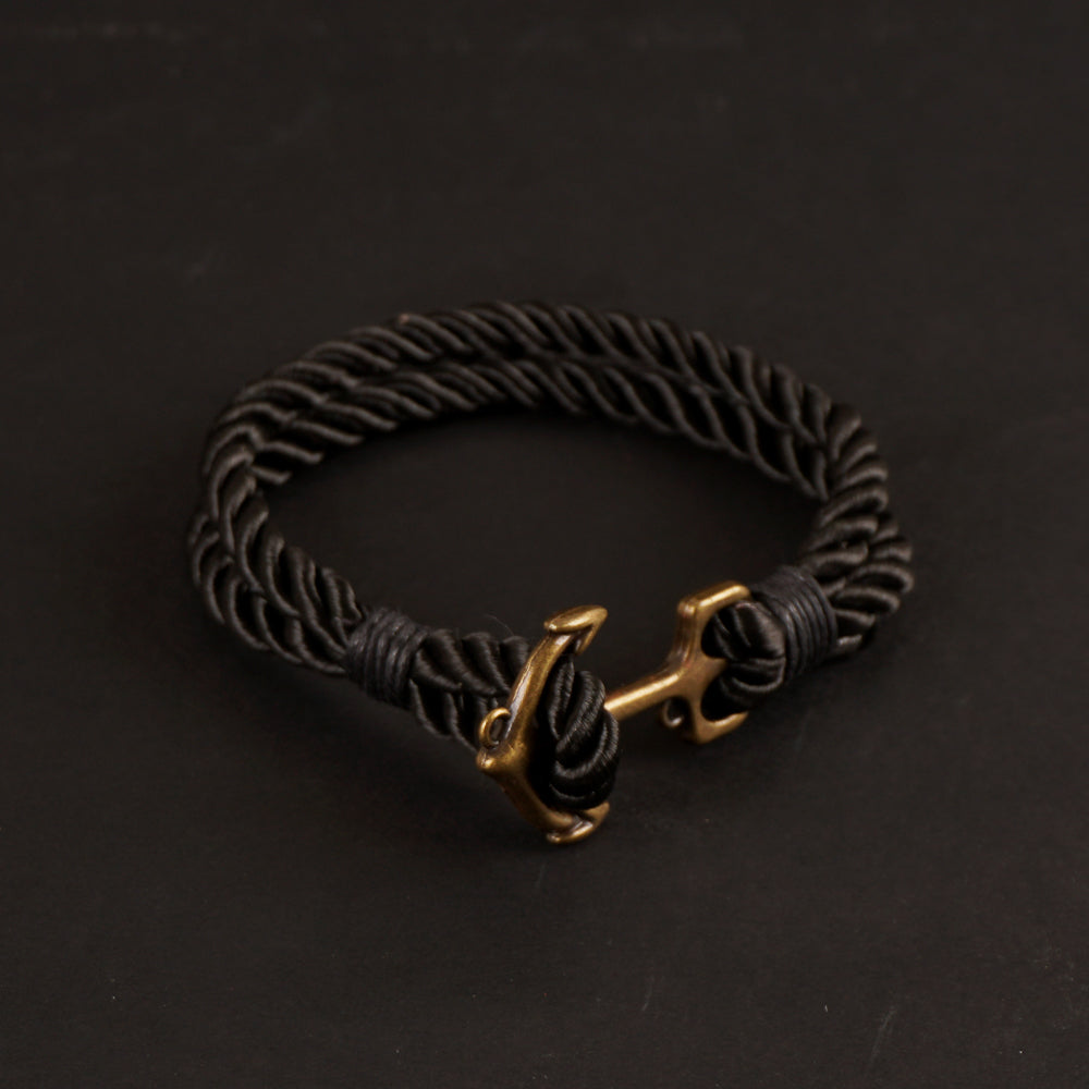 Black Rope Bracelet Golden Anchor Design