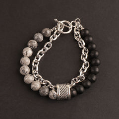 Stainless Steel Men's Tiger Eye Black Stone Link Chain Bracelet