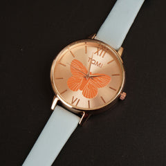 Cyan Leather Strap Rose Dial Fashion Women Wrist Watch