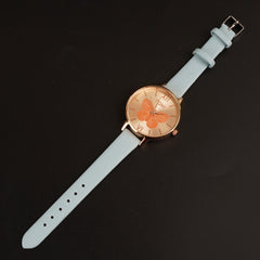 Cyan Leather Strap Rose Dial Fashion Women Wrist Watch