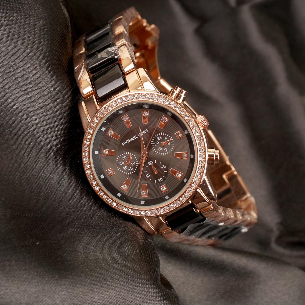 Women Chain Wrist Watch Two Tone Black MK