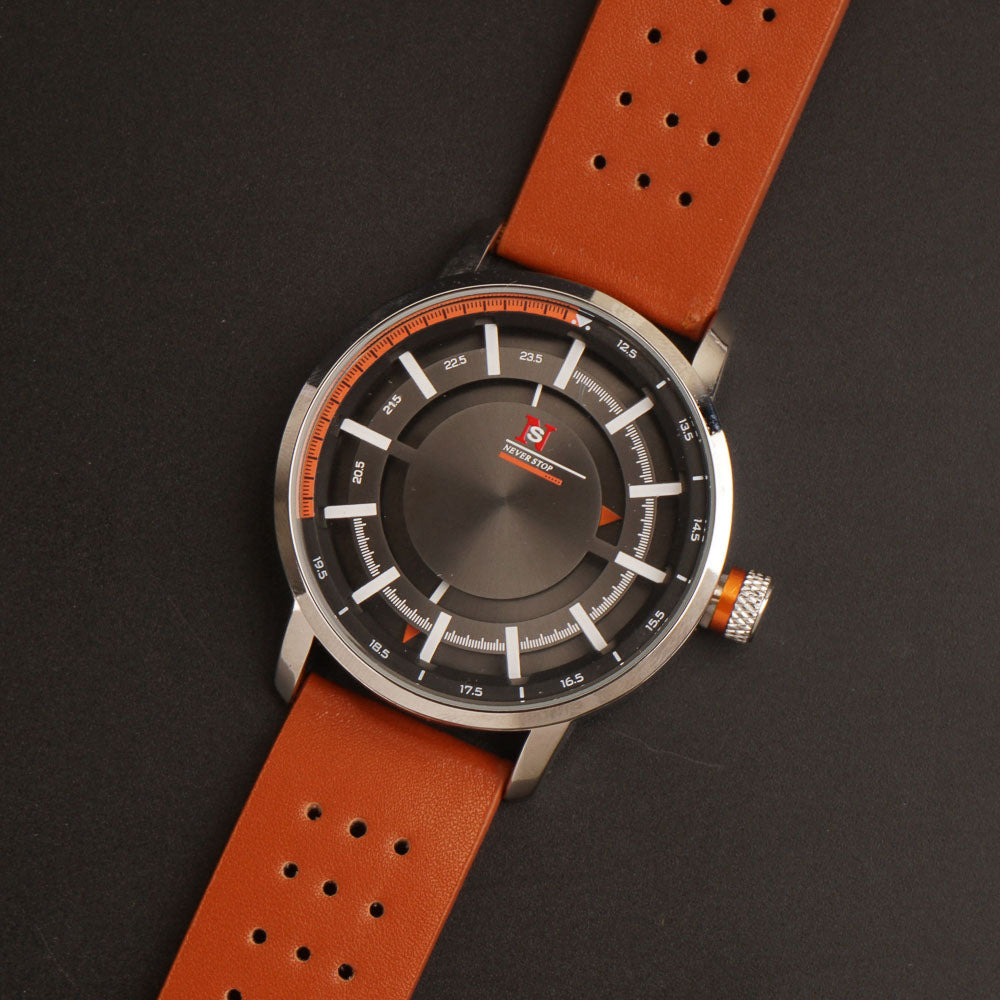 Mens Fancy Watch With Date & Time Brown Strap