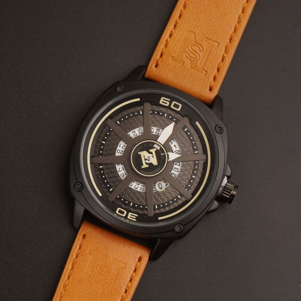 Mens Fancy Watch With Date & Time Beige Strap