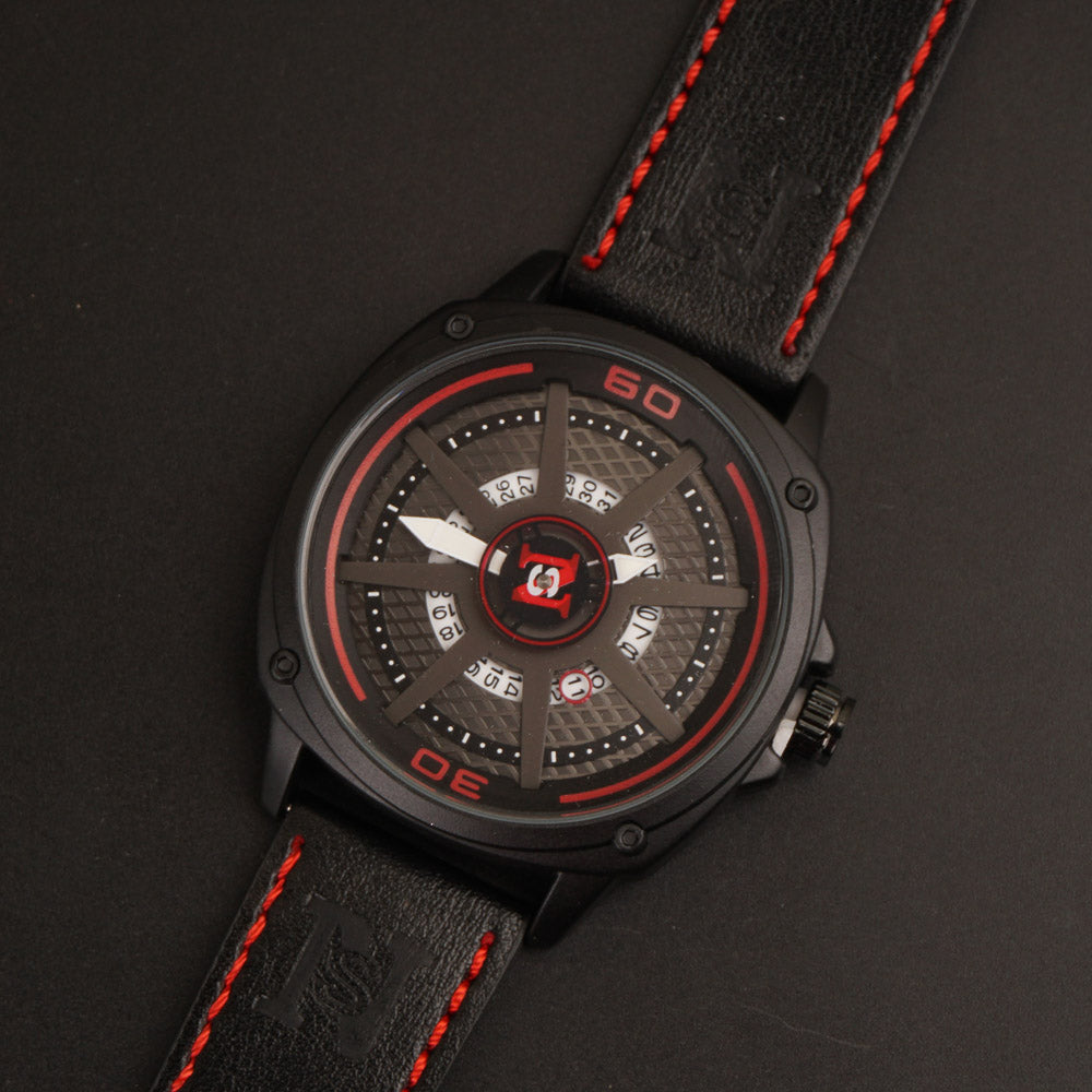 Mens Fancy Watch With Date & Time Black-Red Strap