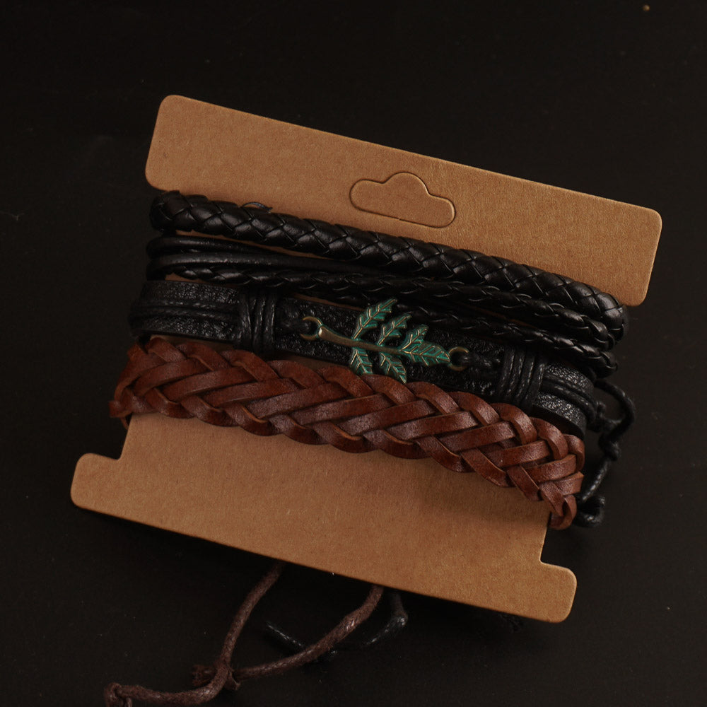 4Pc Set New Casual Leave PU Leather Bracelets