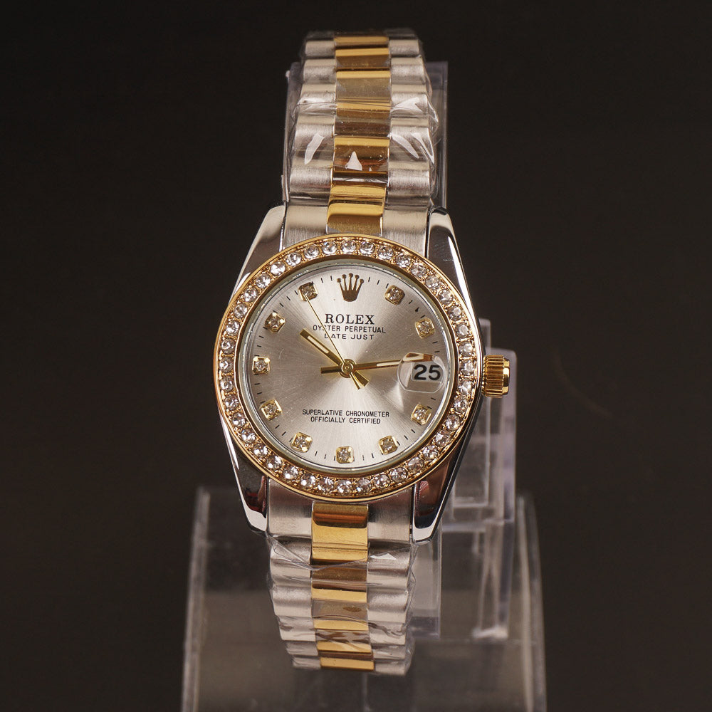 Women Chain Wrist Watch Two Tone Silver R