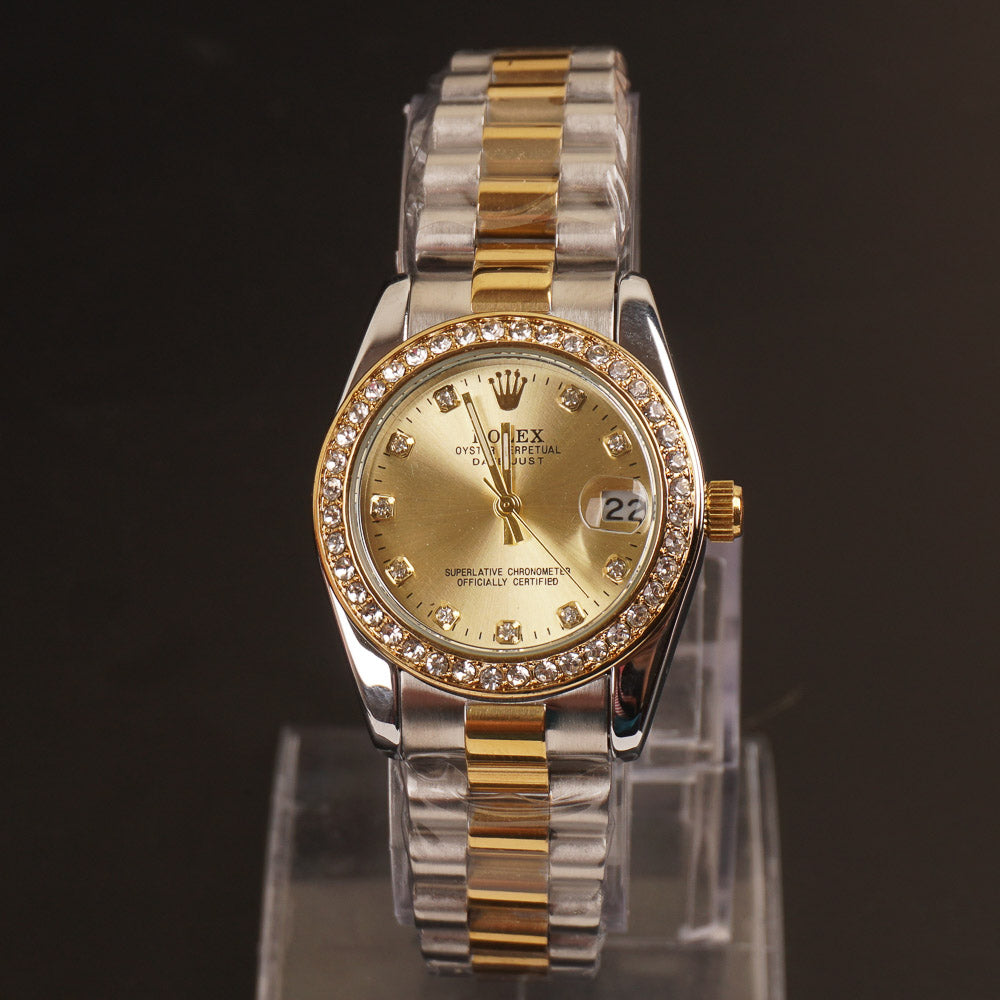 Women Chain Wrist Watch Two Tone Light Green R