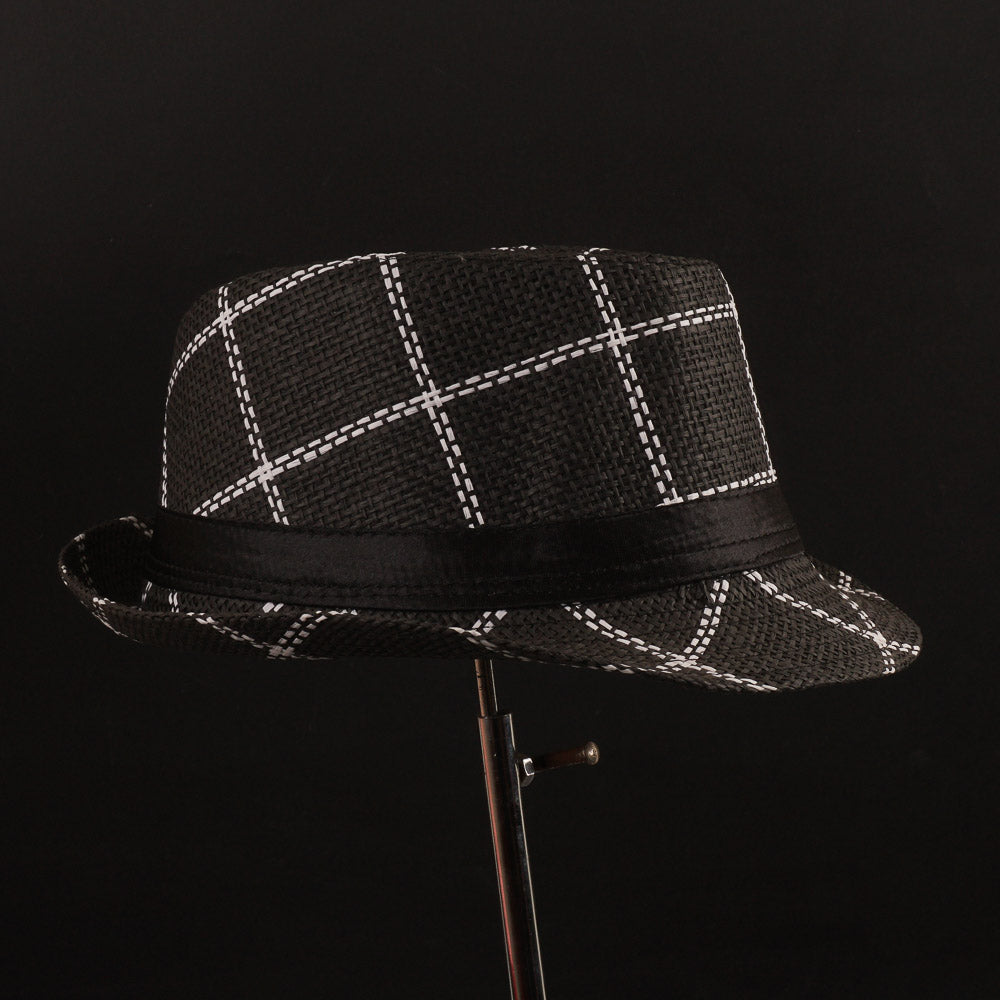 Dark Grey Check Panama Fashion Spring Summer Wide Brim Beach Hat