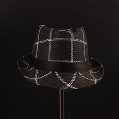 Dark Grey Check Panama Fashion Spring Summer Wide Brim Beach Hat