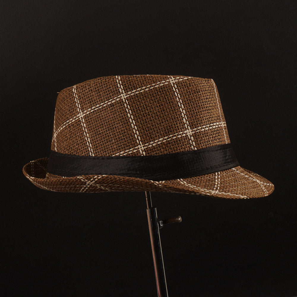 Brown Check Panama Fashion Spring Summer Wide Brim Beach Hat