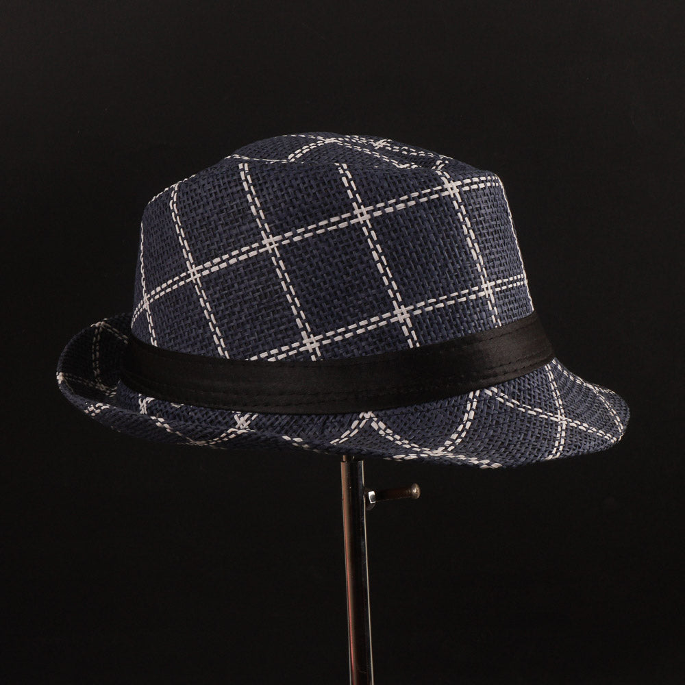 Blue Check Panama Fashion Spring Summer Wide Brim Beach Hat