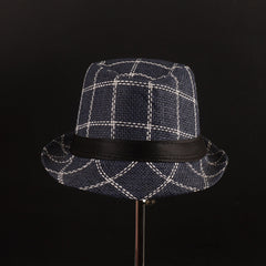 Blue Check Panama Fashion Spring Summer Wide Brim Beach Hat