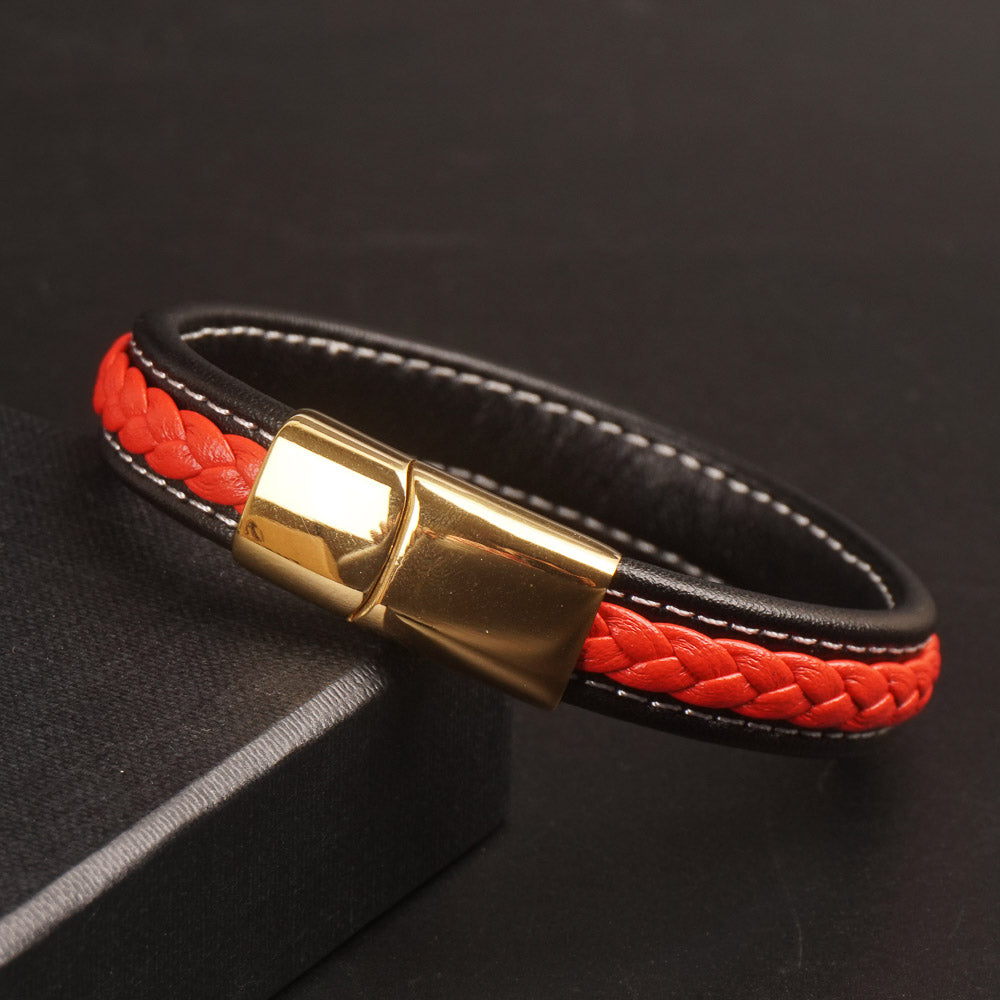 Red and Black  Leather with golden magnetic lock Fashion Leather Bracelet