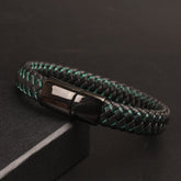 Black Leather green wire with black magnetic lock Leather Bracelet