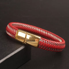 Red Leather silver Wire with Golden magnetic lock Leather Bracelet