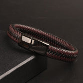 Brown and Black Leather with Black magnetic lock Leather Bracelet