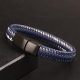 Blue Leather silver Wire with Black magnetic lock Leather Bracelet