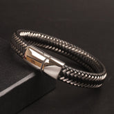 Black Leather silver Wire with Silver magnetic lock Leather Bracelet