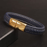 Bllue Leather with golden magnetic lock Fashion Leather Bracelet