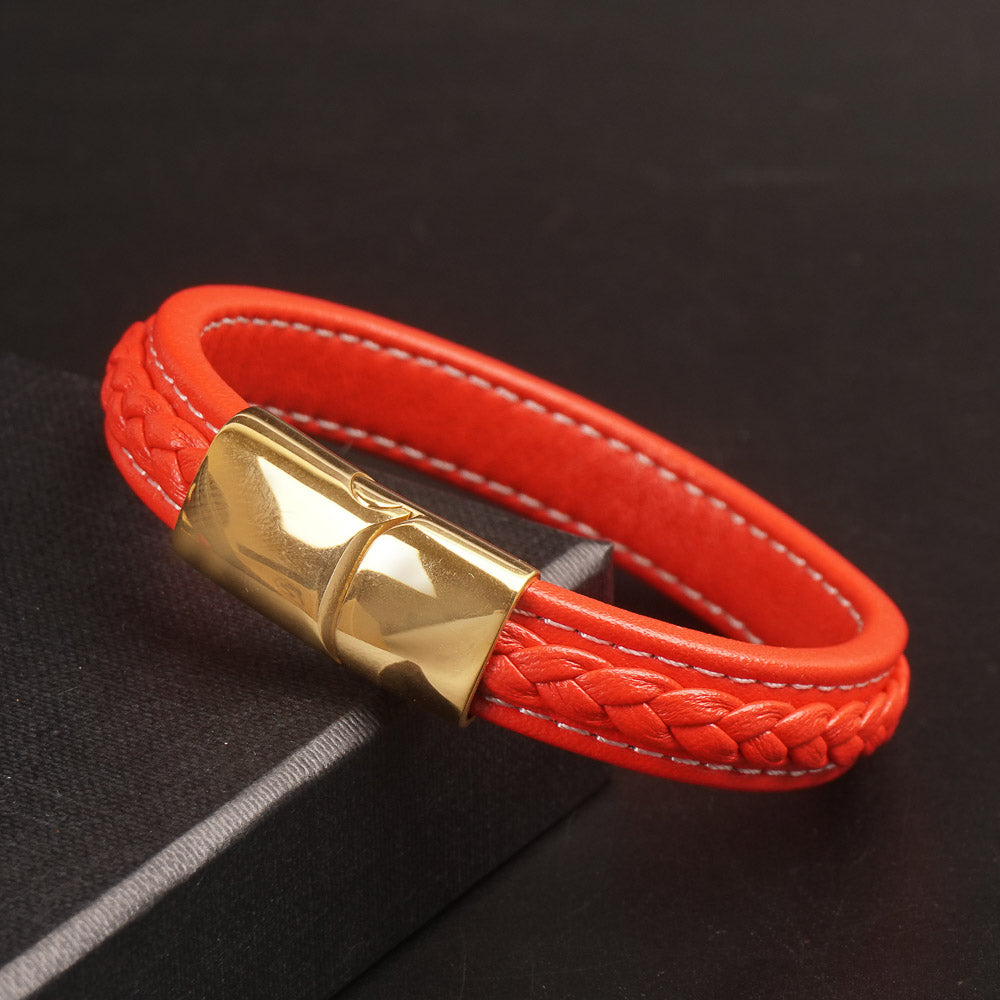 Red Leather with golden magnetic lock Fashion Leather Bracelet